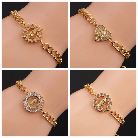 Bracciale In Rame Placcato Oro Bohemien Con Pendente Vergine Maria In Zircone Catena Cubana Regolabile Per Donne Religioso