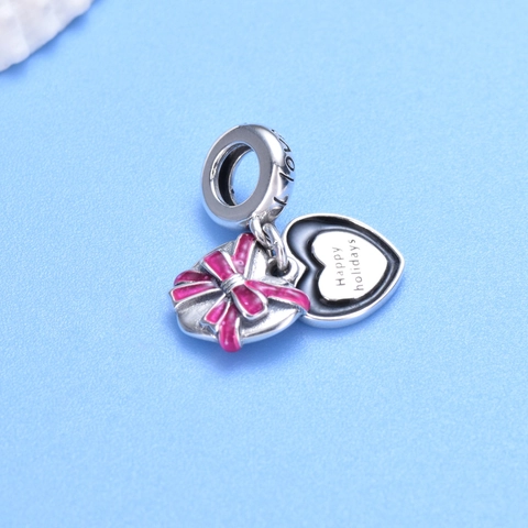 Charme Pendant Cœur En Argent Sterling 925 Nœud Émail Rose Gravure Happy Holidays Perle Pour Bracelet