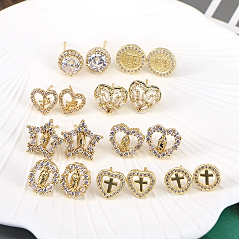 Vintage Kupfer Zirkonia Ohrstecker Für Damen Vergoldet Religiöse Jungfrau Maria Herz Kreuz Stern Geometrischer Schmuck
