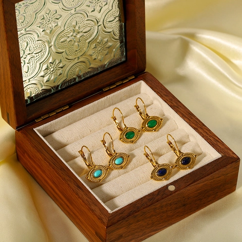 Pendientes de Cierre Catalán de Acero Inoxidable Vintage con Mal de Ojo para Mujer Chapados en Oro Ovalados Piedra Sintética