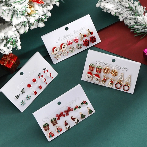 Christmas Stud Earrings Alloy Enamel Rhinestone Santa Reindeer Tree Snowflake Festive Jewelry Stainless Steel Earring Post