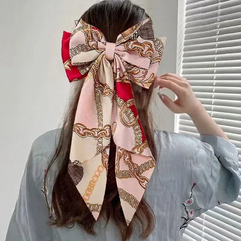 Large Bow Hair Clip Satin Fabric Long Streamer Floral Chain Print Elegant Hair Accessory For Women Girls