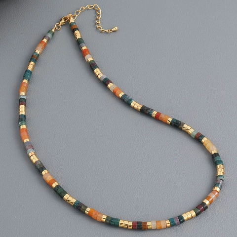 Bohemian Natural Stone Beaded Choker Necklace For Women Handmade Multi Color Indian Agate Contrast Copper Jewelry Gift