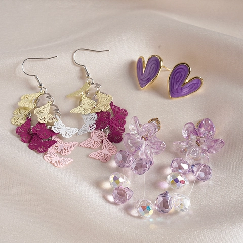 Purple Butterfly Heart Flower Drop Stud Earring Collection With 925 Sterling Silver Earring Post Glass Alloy For Women
