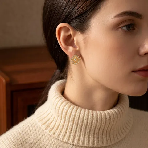 Quatrefoil Stud Earrings Zircon Copper Rhombus Flower With Silver Earring Post Vintage Luxury Jewelry For Women