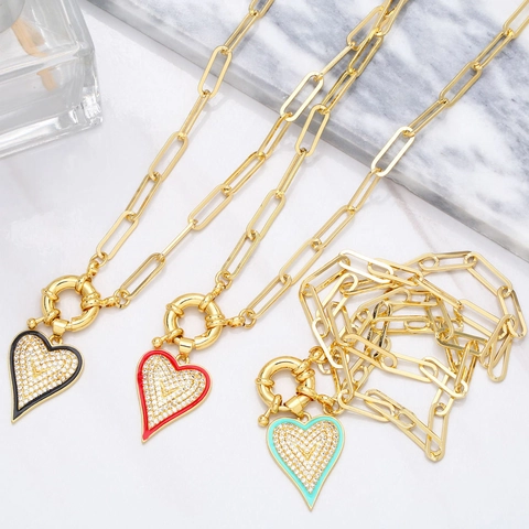Collana Pendente Cuore Rame Placcato Oro Zirconi Pavé Smalto Catena Graffetta Grossa Gioielli Hip Hop Donna