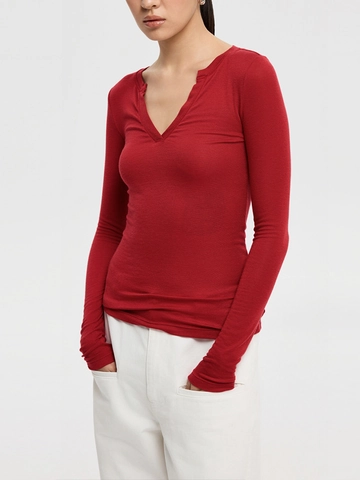 Women Long Sleeve T-Shirt V Neck Slim Fit Knit Top Solid Color Breathable Thin Chic Minimalist Ribbed Pullover