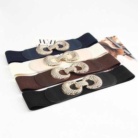 Women Wide Elastic Corset Belt Vintage Elegant Gold Textured Buckle Solid Color Stretchy Waistband For Dresses Coats Office Party