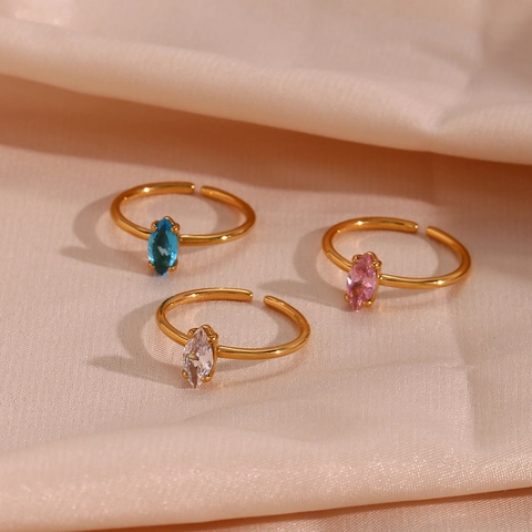 Mode Edelstahl Zirkonia Verstellbarer Offener Ring 18K Vergoldet Marquise Schliff Pferdeauge Stein Fingerring Für Damen Schmuck