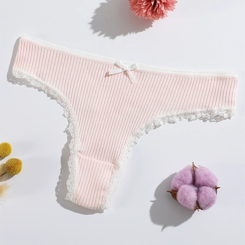 String En Coton Pour Femmes Sous-Vêtements Côtelés Respirants Taille Basse Avec Dentelle Et Nœud