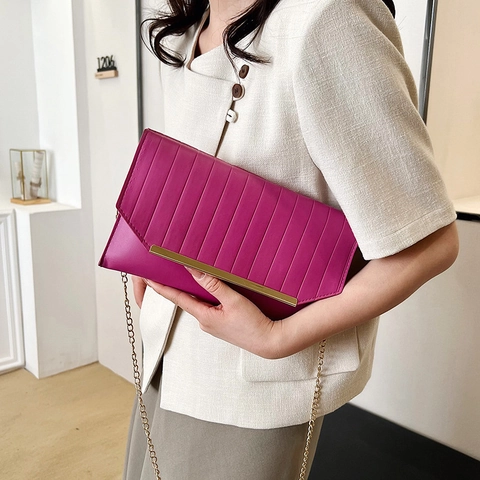 Borsa Da Sera Donna Pochette Pelle PU Pieghe Verticali Stile Busta Con Catena Dorata Per Festa Matrimonio Banchetto