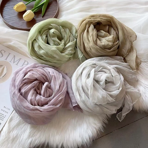 Women Pleated Voile Scarf Lightweight Solid Color Wrinkled Retro Style Casual Decorative Shawl Long Wrap