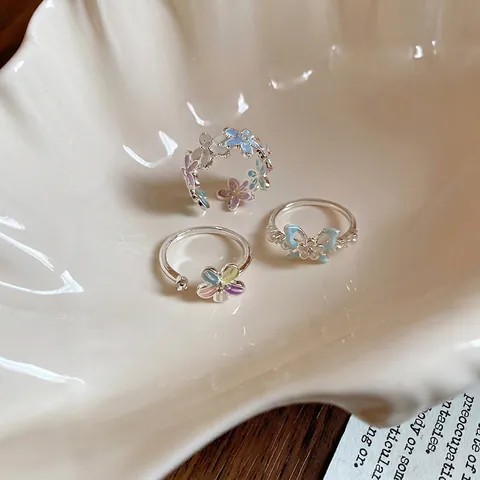 Anello Regolabile Fiore Farfalla Rame Zircone Smalto Imitazione Perla Artificial Gioielli Stile Ins Dolce Per Donne