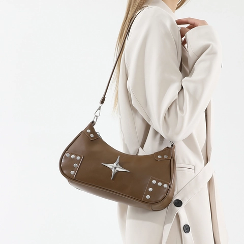 Sac À Bandoulière En Cuir PU Pour Femmes Avec Étoile En Métal Et Rivets Y2K Trendy Minimaliste Sac Baguette Polyvalent