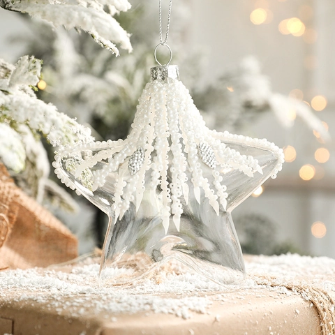 Ornements De Noël En Verre Boules Et Étoiles Transparentes Avec Paillettes Étincelantes Perles Flocons De Bois Pour Décoration