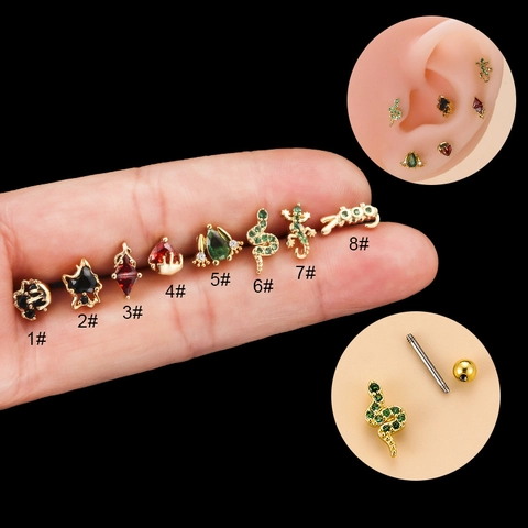 Orecchini a Bottone per Cartilagine Orecchio in Acciaio Inossidabile a Forma di Animale Serpente Geco Con Zirconia Gioielli per Piercing da Donna