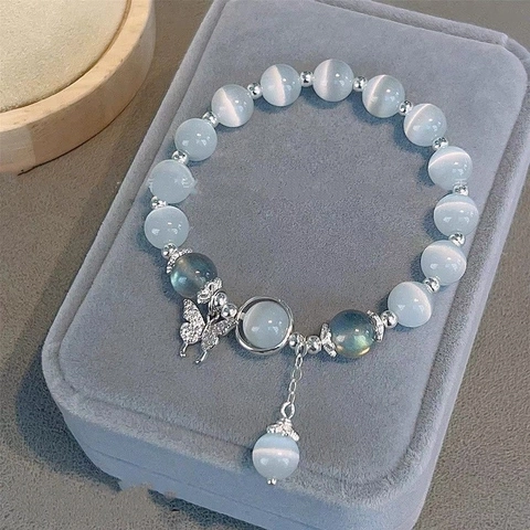 Butterfly Cat's Eye Stone Beaded Bracelet With Rhinestone Alloy Charm Elegant Jewelry For Women Girls Adjustable