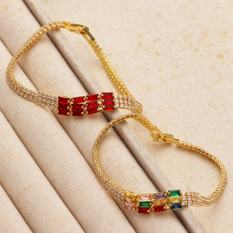 Elegant Gold Plated Tennis Bracelet Rectangular Colorful Red Zircon Multi Row Rhinestones Luxury Party Jewelry Women