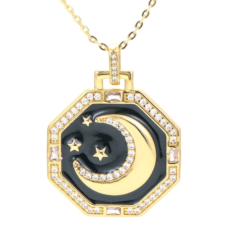 Fashion Octagon Star Moon Pendant Necklace Copper Enamel Gold Plated Zircon Inlaid Elegant Jewelry For Women