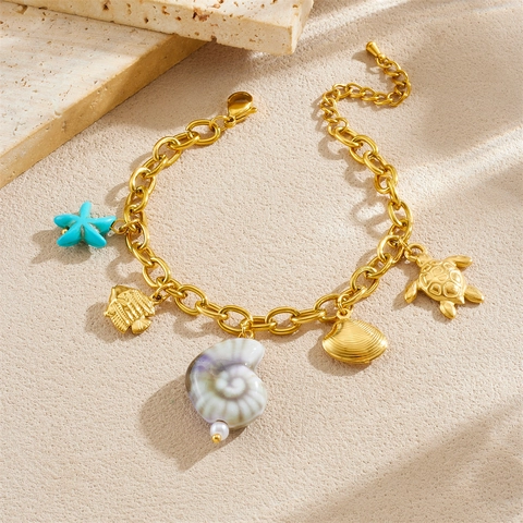 Ocean Charm Bracelet Stainless Steel Gold Plated Marine Animal Pendants Starfish Shell Summer Beach Fashion Women