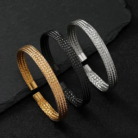 Edelstahl Geflochtenes Twist Manschettenarmband C-Förmiger Verstellbarer Offener Armreif Punk Industrie Stil Schmuck