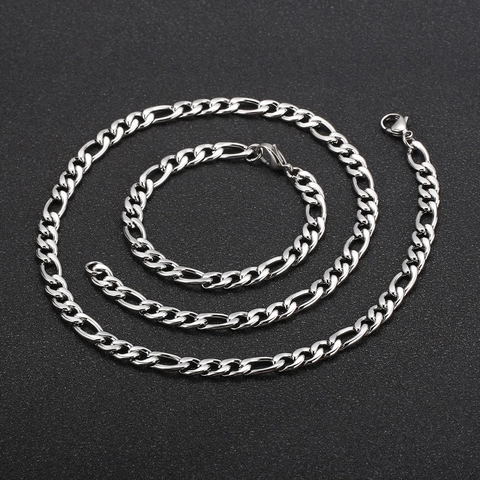 Stainless Steel Figaro Chain Necklace And Bracelet Set Hip Hop Punk Style Jewelry For Men Women Silver Color