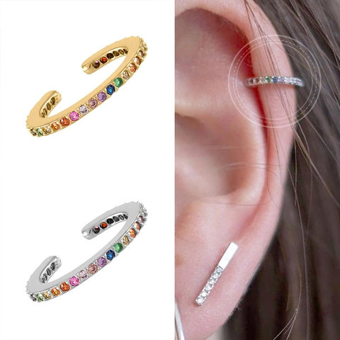 Kupfer Regenbogen Strass C-Form Ear Cuff Für Damen Ohne Loch 18K Vergoldet Geometrisch Klein Ohrclip Schmuck Geschenk