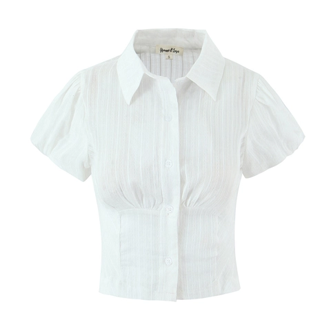 Damen Kurzarm Bluse Strukturierter Polyester Stoff Puffärmel Reverskragen Knopfleiste Schmale Passform Elegantes Modisches Top