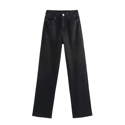 Jeans In Denim A Vita Alta Da Donna Gamba Dritta Cotone Nero Tasche Multiple Stile Retro Casual Orlo A Taglio Vivo