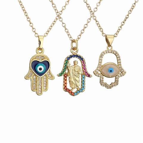 Bohemian Kupfer Hamsa Hand Böser Blick Anhänger Halskette Für Damen Bunte Zirkonia Eingelegt Echt Vergoldet Vintage Spiritueller Schmuck