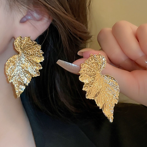 Textured Leaf Shape Earrings With Silver Earring Post Elegant Gold Copper Statement Jewelry For Women