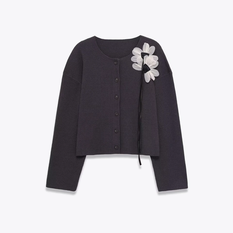 Women Ribbed Knit Cardigan Long Sleeve Round Neck 3D Flower Decor Button Down Sweet Casual Soft Sweater Top