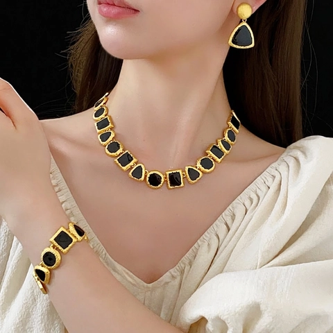 Bijoux Collier Bracelet Boucles Oreilles Géométrique Alliage Texture Martelée Émail Style Rétro Français Femmes