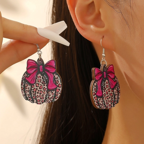 Leopard Print Pumpkin Wooden Drop Earrings With Pink Bow Thanksgiving Halloween Festive Fashion Jewelry For Women
