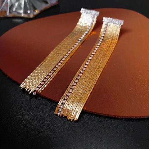 Pendientes Largos De Borla Para Mujer Lujo Cadena Geométrica Joyería De Diamantes De Imitación Con Poste De Plata