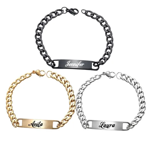 Stainless Steel ID Bar Bracelet For Men Cuban Figaro Link Polished Rectangular Plate Fashion Minimalist Jewelry