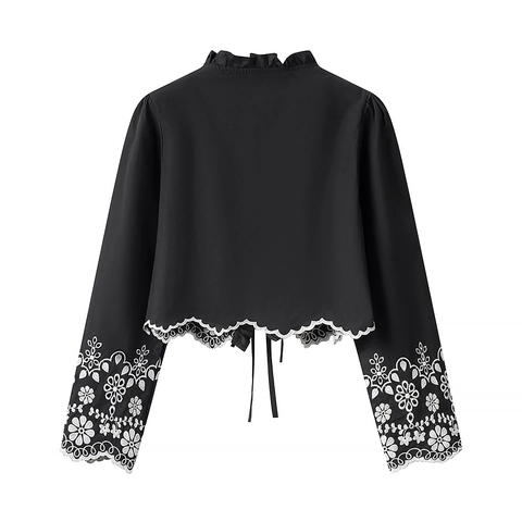 Elegant Vintage Women Blouse Long Sleeve Embroidery Floral Scalloped Hem Lace Up V Neck Ruffle Top