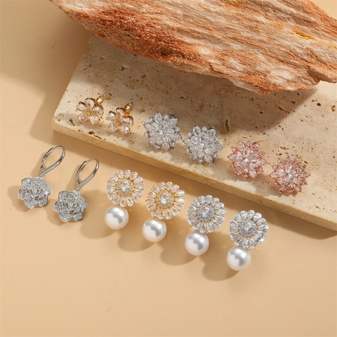 Flower Pendant Earrings Copper Zircon Faux Artificial Pearl Vintage Light Luxury Trendy Niche Jewelry For Women