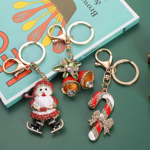 Christmas Keychain Alloy Enamel Rhinestone Santa Claus Candy Cane Bell Hanging Bag Charm For Holiday Gold Tone Accessory