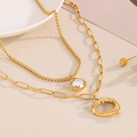 Collana A Doppio Strato In Acciaio Inossidabile Ciondolo A Cuore Catena A Graffetta Charm Cristallo Rotondo Gioielli Chic
