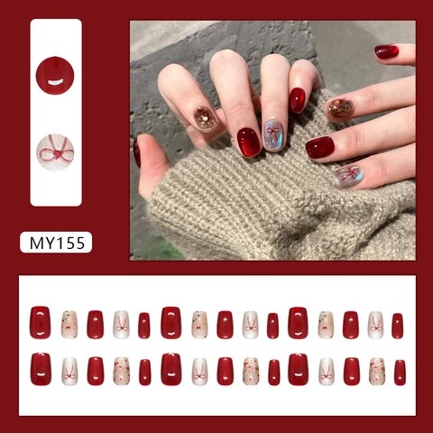 Uñas Postizas Ojo De Gato Rojas Plástico ABS Lazo 3D Cortas Cuadradas Puntas De Uñas Artificiales Para Mujeres