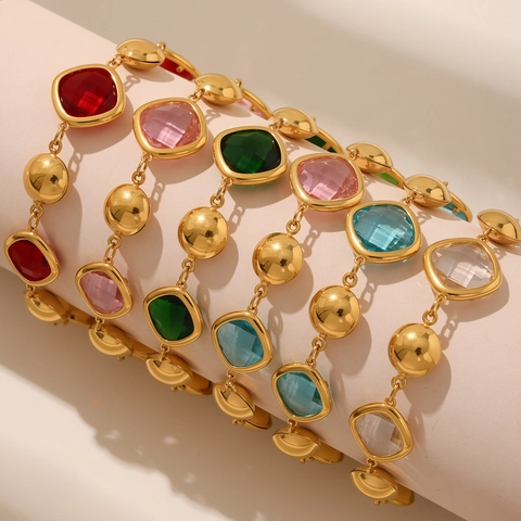 Bracciale Elegante Retro Francese Da Donna In Acciaio Inossidabile Placcato Oro 18K Con Vetro Ceco Quadrato Gioielli Regolabili