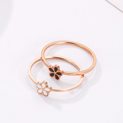 Blumenring Edelstahl Abnehmbar Mehrlagig Schwarz Weiß Emaille Gänseblümchen Minimalistischer Modeschmuck Damen Roségold