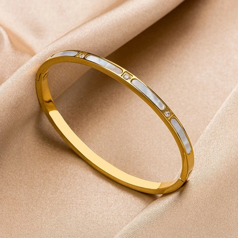 Armreif Titanstahl Perlmutt Eingelegtes Zirkon Strahlender Schmuck Eleganter Luxus Damen Armband Minimalistisches Design