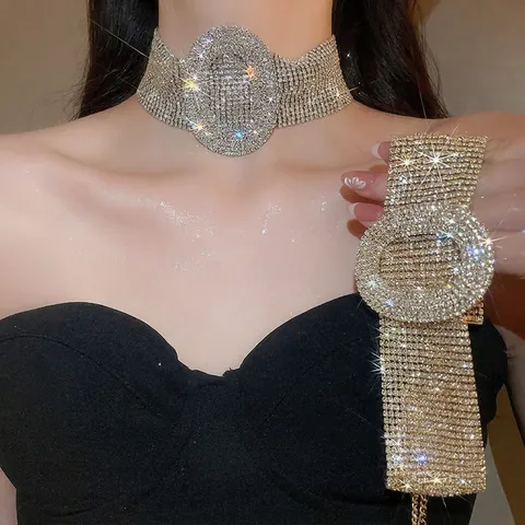 Luxury Wide Choker Necklace For Women Copper With Rhinestone Large Oval Centerpiece Shiny Palace Style Banquet Jewelry