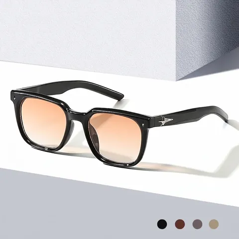 Retro Square Frame Sunglasses Fashion PC Eyewear UV400 Protection Unisex Tinted Lens Metal Star Decoration Trendy