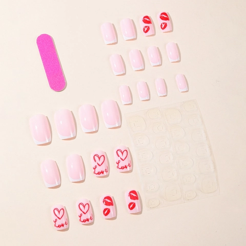 Valentijnsdag Press On Nails Witte Franse Tip Rood Hart Lip Print Plastic Vierkant Herbruikbare Kunstnagels Voor Dames