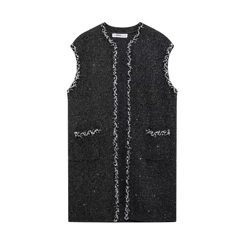 Damen Tweed Weste Kleid Rundhals Ärmellos Pailletten Verzierte Fransen Elegant Kurz Mini Kleid