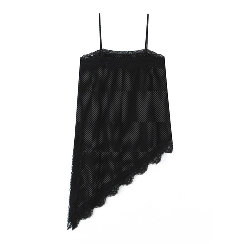 Canotta A Pois Con Bordo In Pizzo Orlo Asimmetrico Spalline Sottili Sexy Vestibilità Aderente Camicia Senza Maniche Per Donna