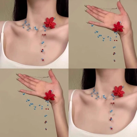 Collana Di Perline Con Fiore Rosso Fatto A Mano Per Donna Linea Invisibile Trasparente Stile Dopamina Girocollo